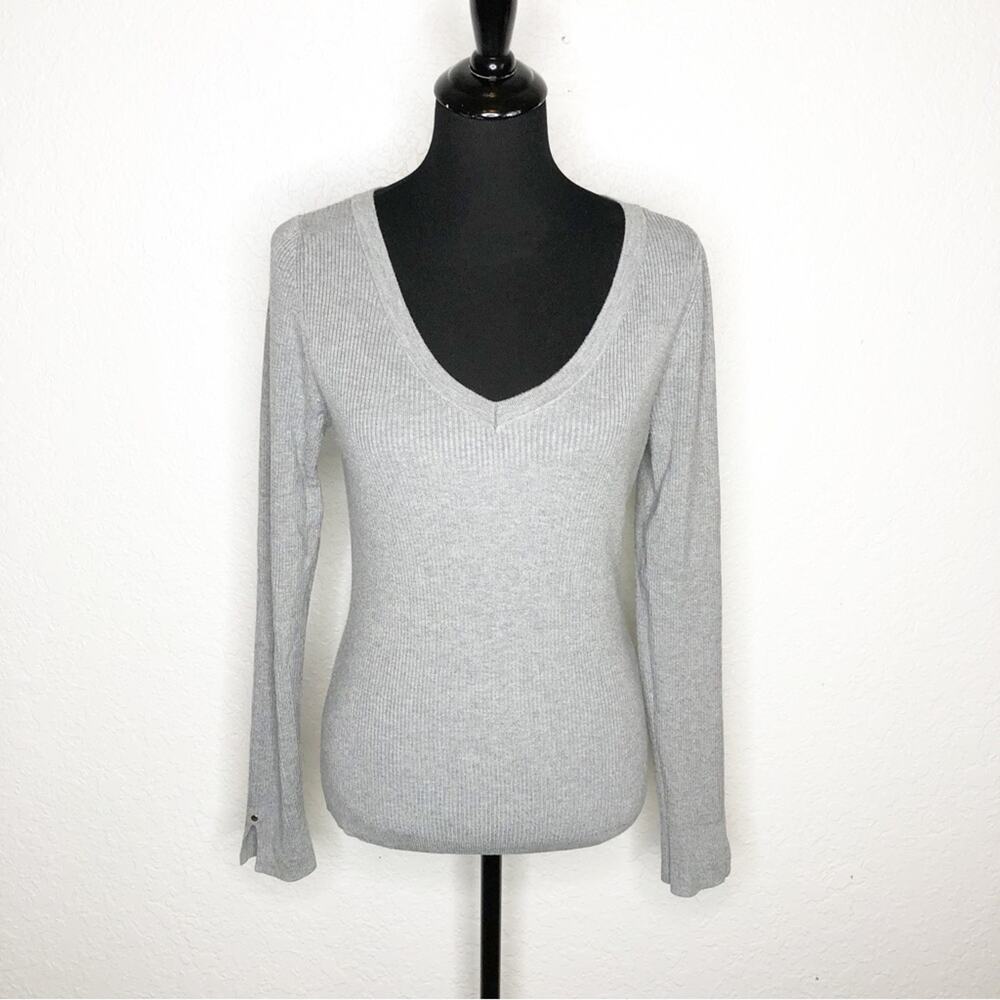 WHBM gray ribbed knit v neck sweater size Extra Large XL